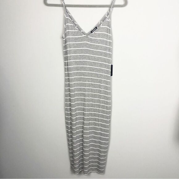 EXPRESS | NEW Gray & White Striped V-Neck Ribbed Midi Dress Women’s Size Small - Picture 2 of 9